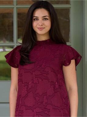 Women's Burgundy Textured Flutter Sleeve Top